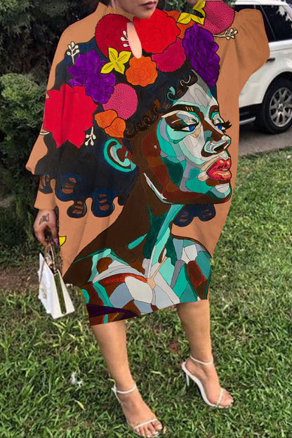 Mid-Length Women Casual Loose Long-Sleeved Graphic Print Dolman Sleeve Dress