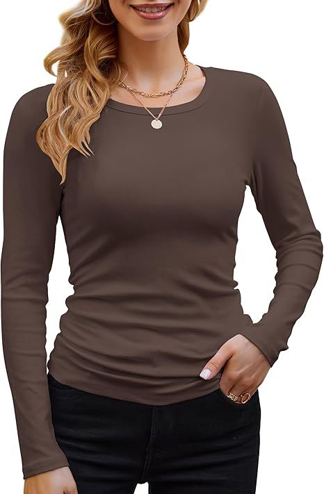 Camiseta informal de manga larga con cuello redondo y ribete de color liso para mujer