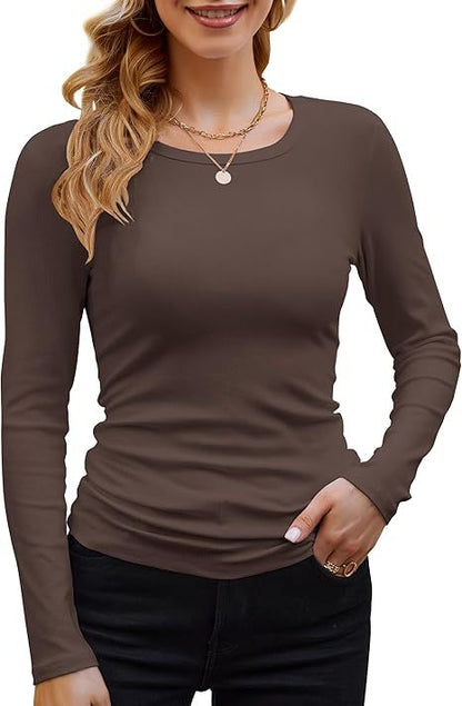 Camiseta informal de manga larga con cuello redondo y ribete de color liso para mujer