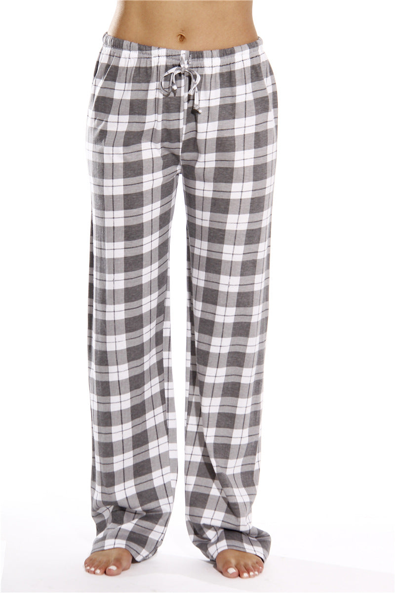 Women Classic Plaid Pattern Casual High Waist Drawstring Pants
