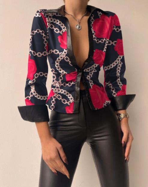 Camisa de manga larga con cuello en V y estampado informal a la moda para mujer
