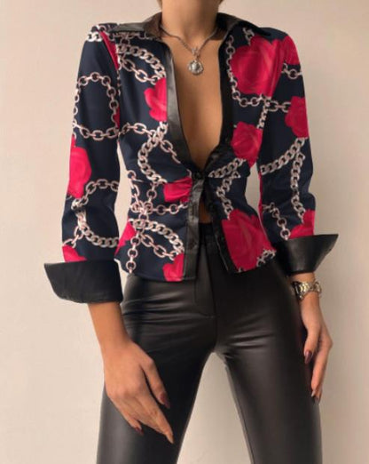 Camisa de manga larga con cuello en V y estampado informal a la moda para mujer