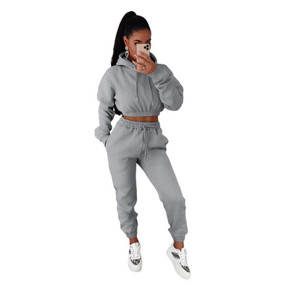 Women Fashion Casual Athleisure Solid Color Hooded And Pants Sports Set