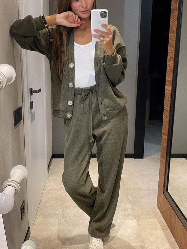 Conjunto de dos piezas formado por chaqueta, pantalón y cárdigan de manga larga, informal, color liso, para mujer