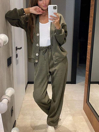 Conjunto de dos piezas formado por chaqueta, pantalón y cárdigan de manga larga, informal, color liso, para mujer