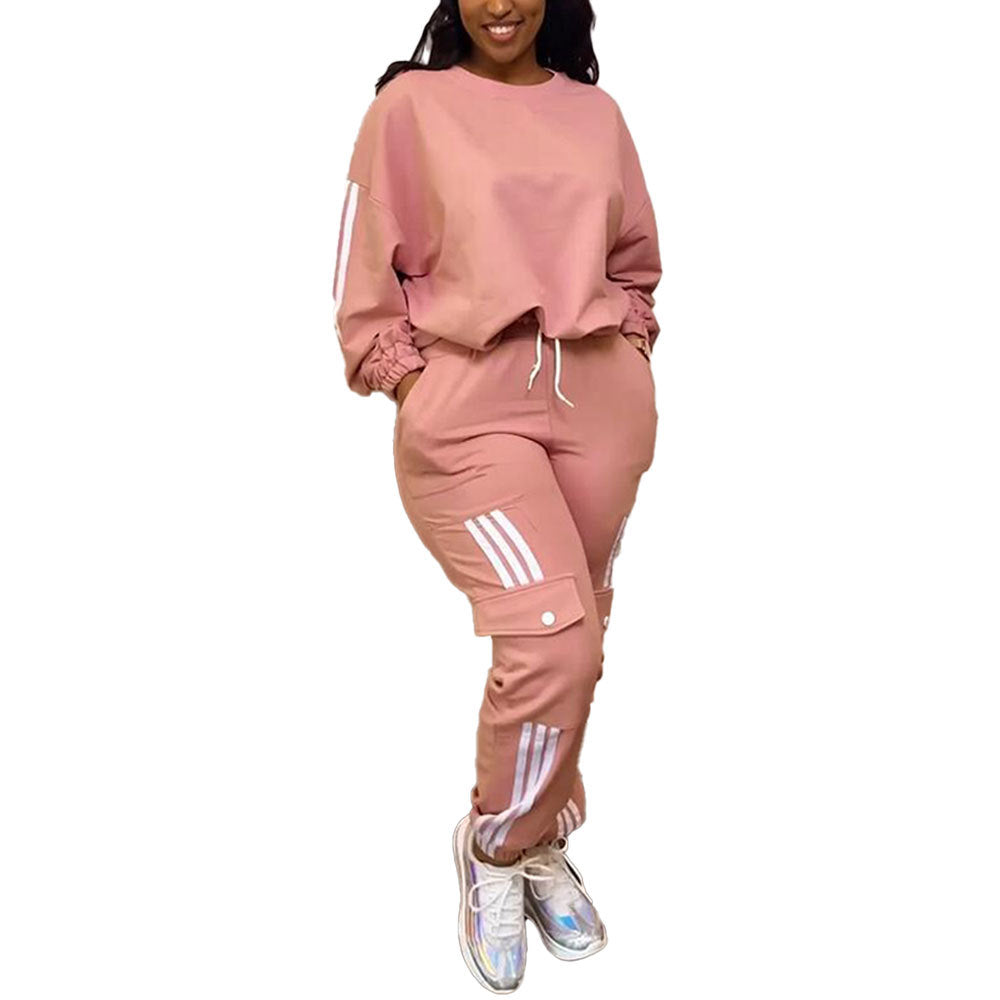 Women Fashion Casual Round Neck Long Sleeve Top Pocket Jogger Pants Two-Piece Set
