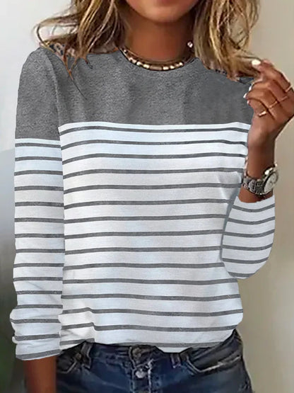 Camiseta informal de manga larga con estampado de rayas y cuello redondo para mujer