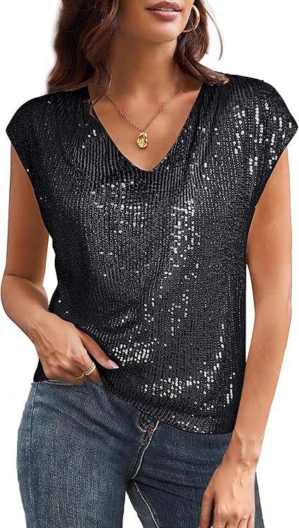 Women Fashion Casual Solid Color Sequin V-Neck Short Sleeve Blouse