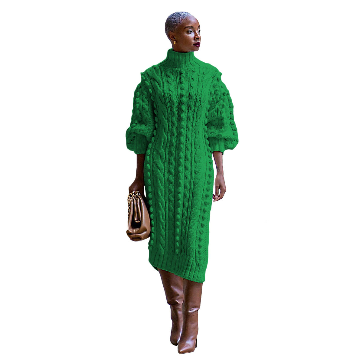Vestido de punto dividido de manga larga con cuello alto y color liso informal a la moda para mujer Otoño Invierno