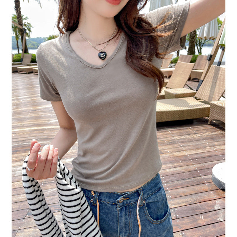 Camiseta informal de verano para mujer, color liso, cuello en V y manga corta