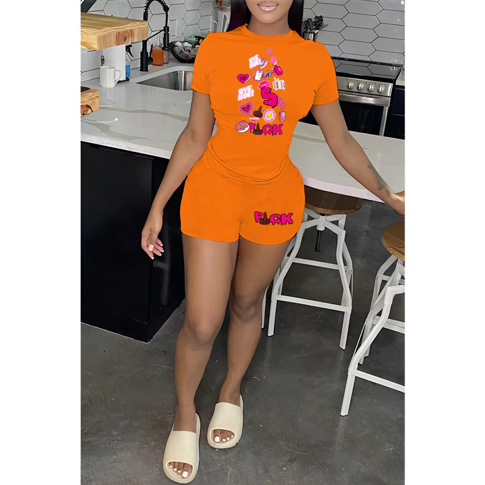 Fashion Casual Women Heart Letter Print Short Sleeve T-Shirt And Shorts Set