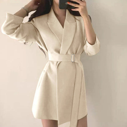 Women Fashion Temperament Mid-Length Casual Belt Blazer