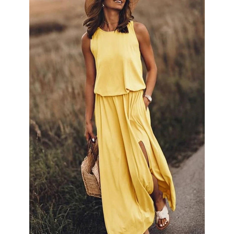 Summer Women Casual Basic Round Neck Sleeveless Side-slit Solid Color Long Dress