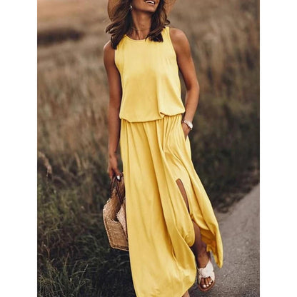 Summer Women Casual Basic Round Neck Sleeveless Side-slit Solid Color Long Dress