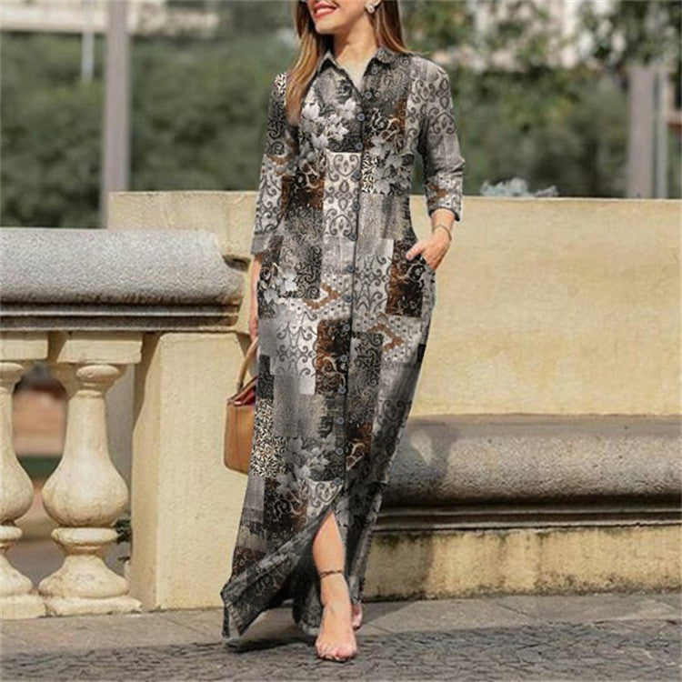 Women Casual Floral Print Long Sleeve Buttoned Loose Maxi Dress