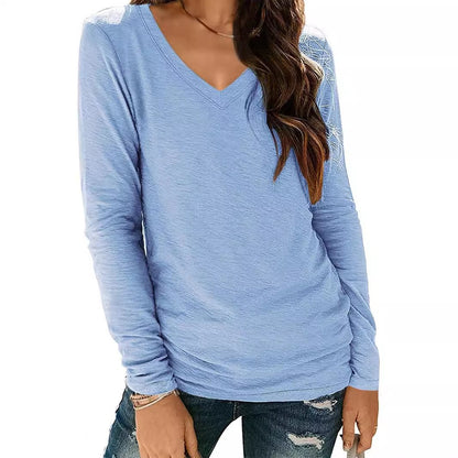 Camiseta informal de manga larga con cuello en V y color liso para mujer