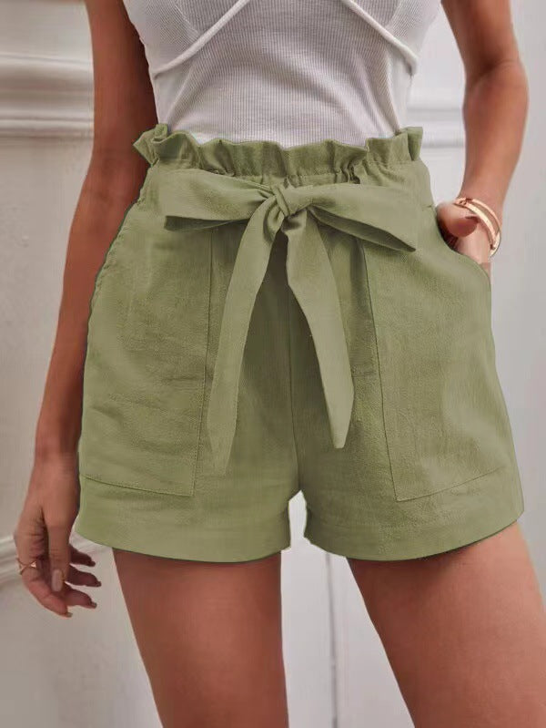 Women Casual Linen Solid Color Loose Pocket High Waist Shorts