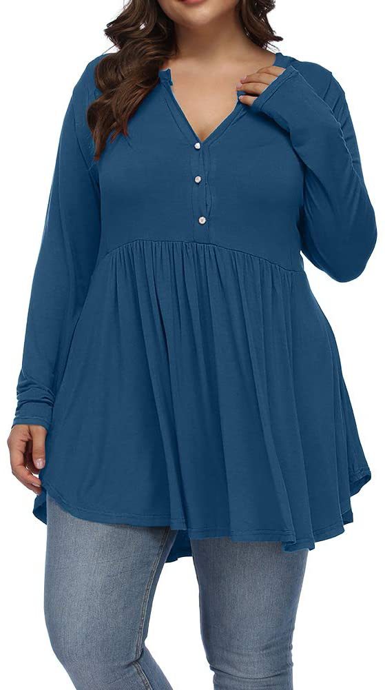 Camiseta informal de manga larga plisada con botones y escote en V de color liso para mujer, talla grande