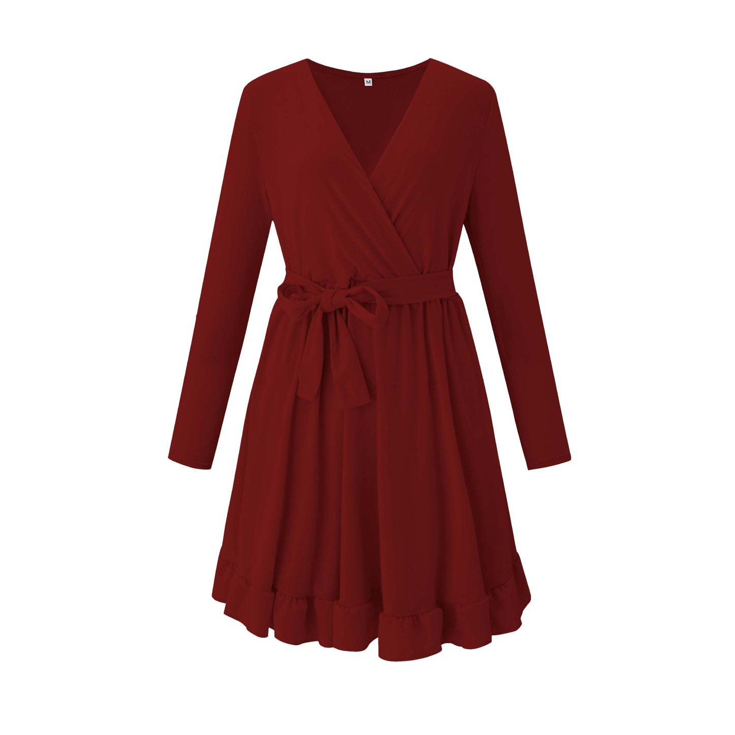 Women Casual Solid Color Sash Tie V-Neck Long-Sleeved Ruffled Wrap Dress