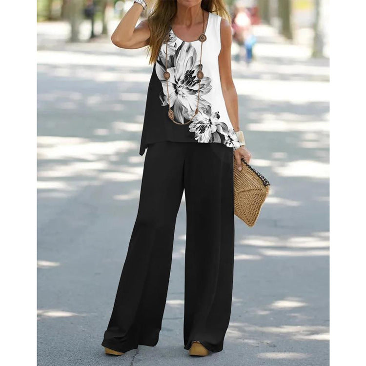 Conjunto de dos piezas de blusa sin mangas con estampado floral informal de verano para mujer, pantalones de cintura alta