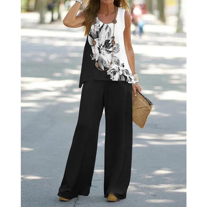 Conjunto de dos piezas de blusa sin mangas con estampado floral informal de verano para mujer, pantalones de cintura alta