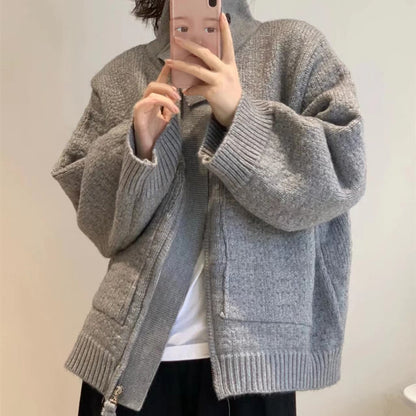 Casual Fashion Women Double Zipper Long Sleeve Knitted Sweater Coat