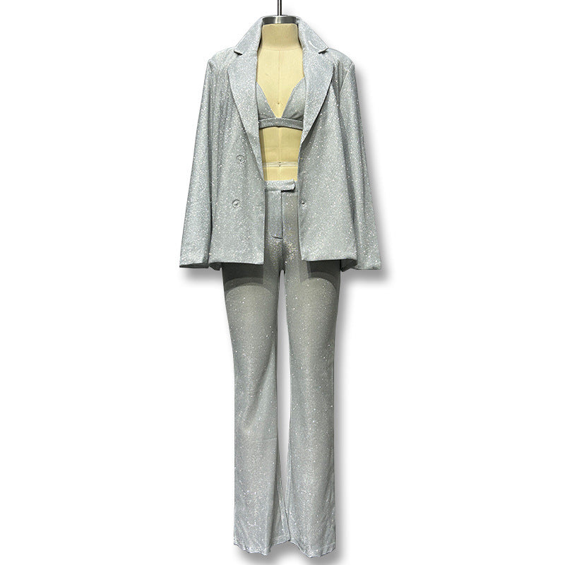 Conjunto de tres piezas de chaqueta y pantalones ajustados de manga larga con solapa y sujetador de alambre plateado informal para mujer