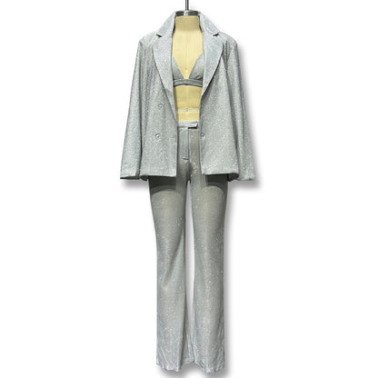 Conjunto de tres piezas de chaqueta y pantalones ajustados de manga larga con solapa y sujetador de alambre plateado informal para mujer