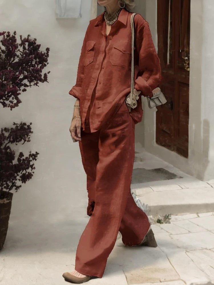 Conjunto de dos piezas de camisa y pantalones holgados de manga larga de color liso para mujer