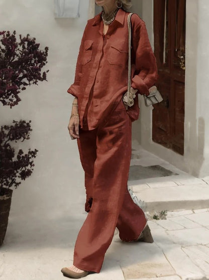 Conjunto de dos piezas de camisa y pantalones holgados de manga larga de color liso para mujer