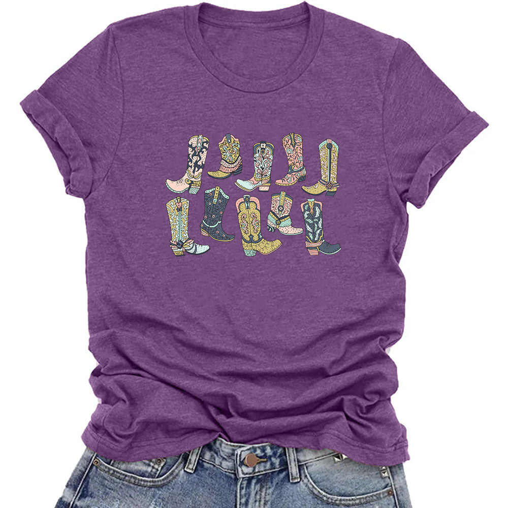 Camiseta vaquera informal de manga corta con cuello redondo para mujer, estilo occidental, de verano