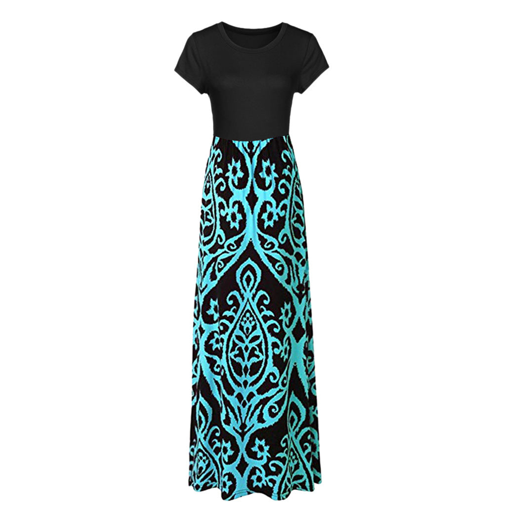 Vestido largo informal de manga corta con cuello redondo y estampado floral para mujer