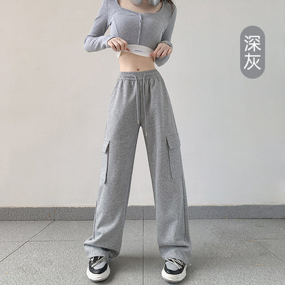 Women Fashion Casual High Waist Loose Harlan Straight Cargo Pants