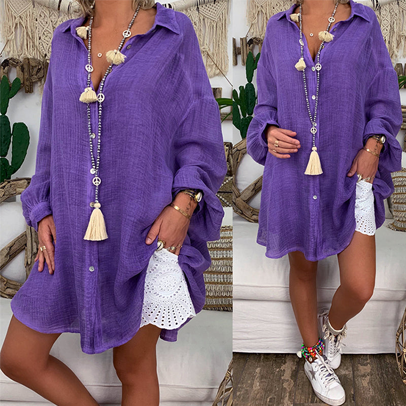 Blusa informal básica de manga larga para mujer, estilo playero, de color liso, talla grande