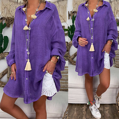 Blusa informal básica de manga larga para mujer, estilo playero, de color liso, talla grande