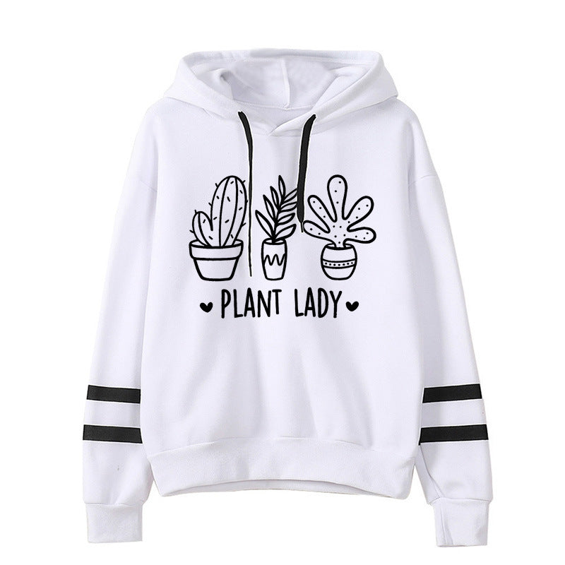 Sudadera con capucha holgada informal con estampado de cactus y barras paralelas para mujer