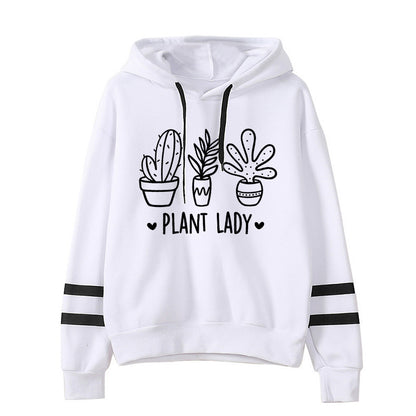Sudadera con capucha holgada informal con estampado de cactus y barras paralelas para mujer