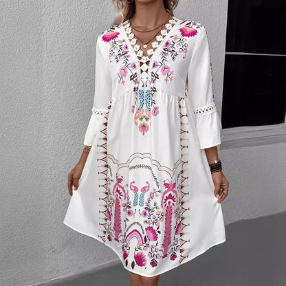 Vestido bohemio informal con estampado floral y escote en V y mangas abullonadas para mujer