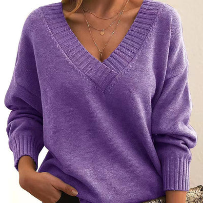 Women Fashion Casual Loose V-Neck Long Sleeve Knitted Sweater