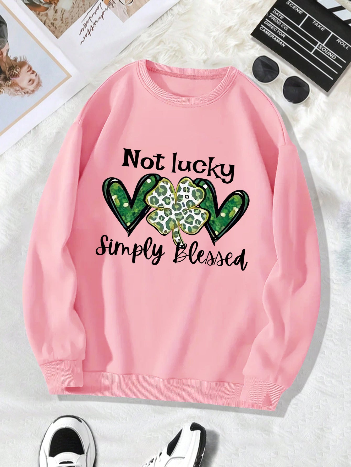 Spring Women Casual Crew Neck Four-Leaf Clover Long Sleeve Sweatshirt