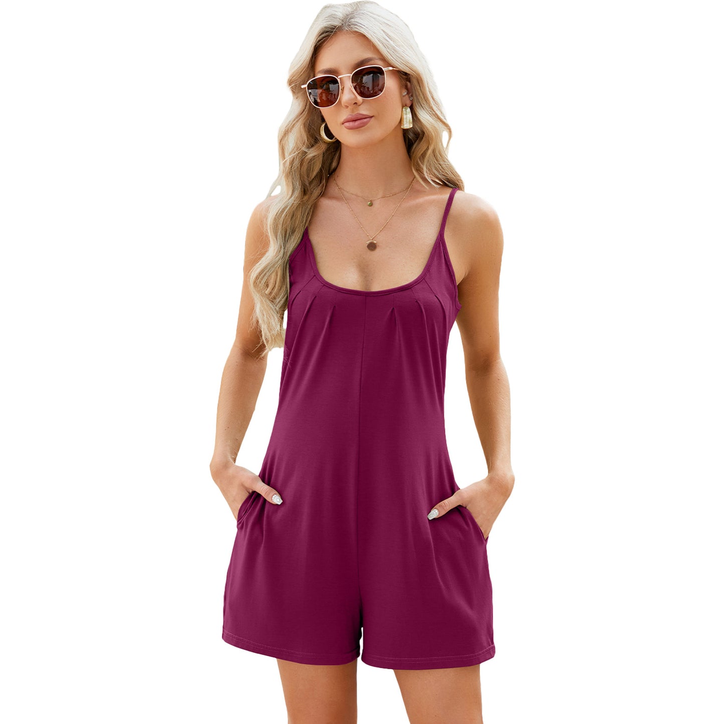Women Fashion Casual Solid Color Sling Loose Pocket Rompers