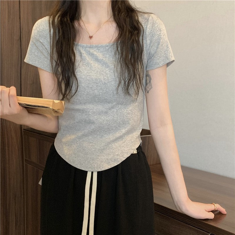 Camiseta informal de manga corta con cuello en U y color liso para mujer