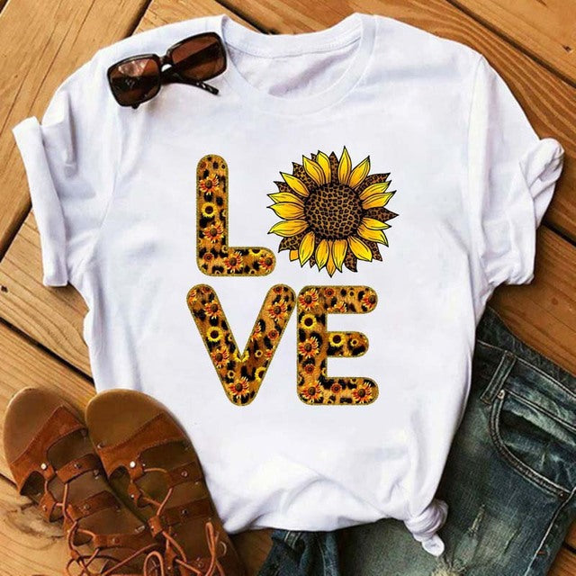 Camiseta informal de manga corta con estampado gráfico y cuello redondo para mujer