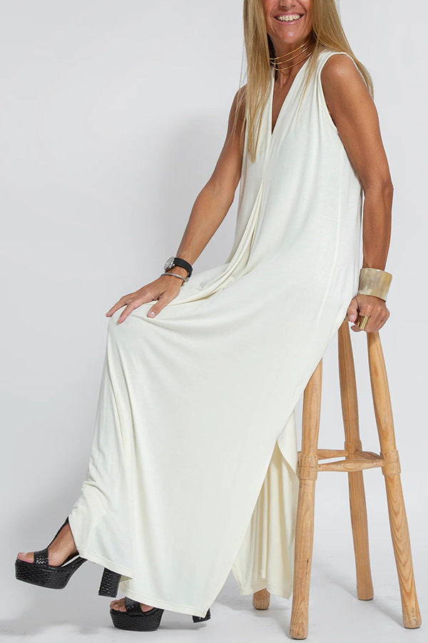 Women Casual Solid Color V-Neck Sleeveless Maxi Dress