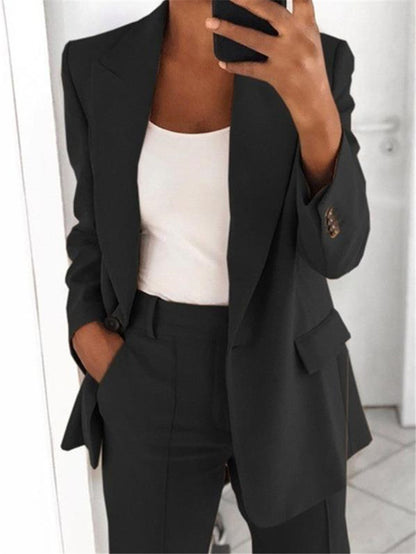 Women Autumn Casual Office Work Lapel Solid Color Long Sleeve Blazer
