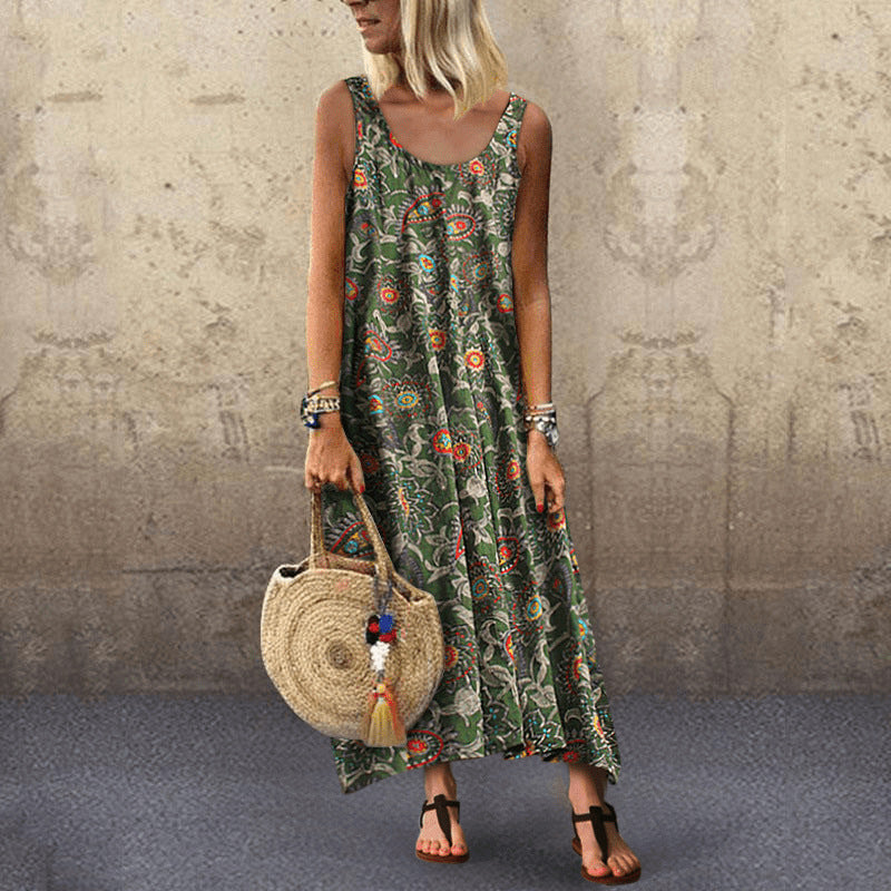 Vestido informal sin mangas con cuello redondo y estampado de plantas para mujer