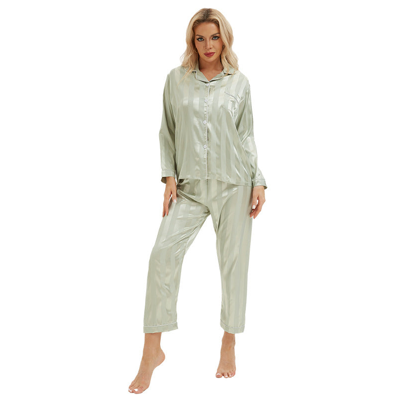 Conjunto de pijama de manga larga para mujer, sencillo e informal, de seda sintética, con rayas gruesas y cárdigan