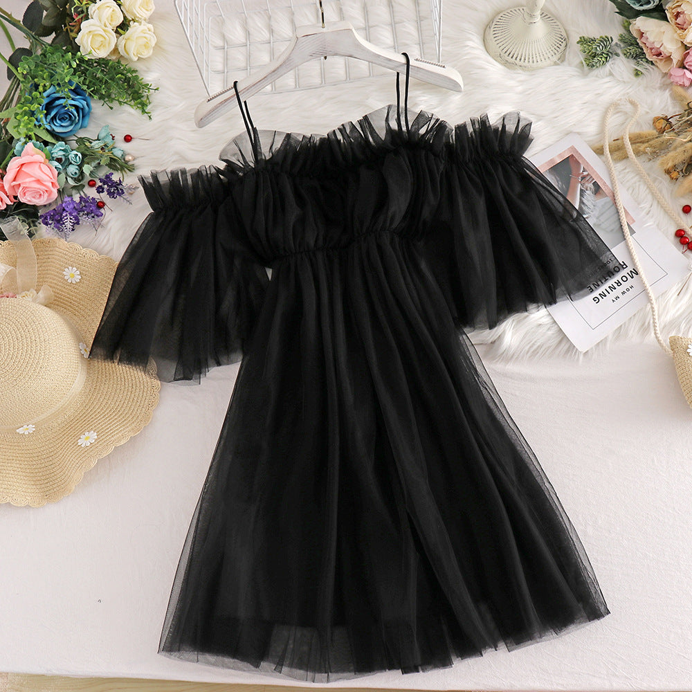 Women Casual Vacation Mesh Mid-Length One-Shoulder Suspender Dress
