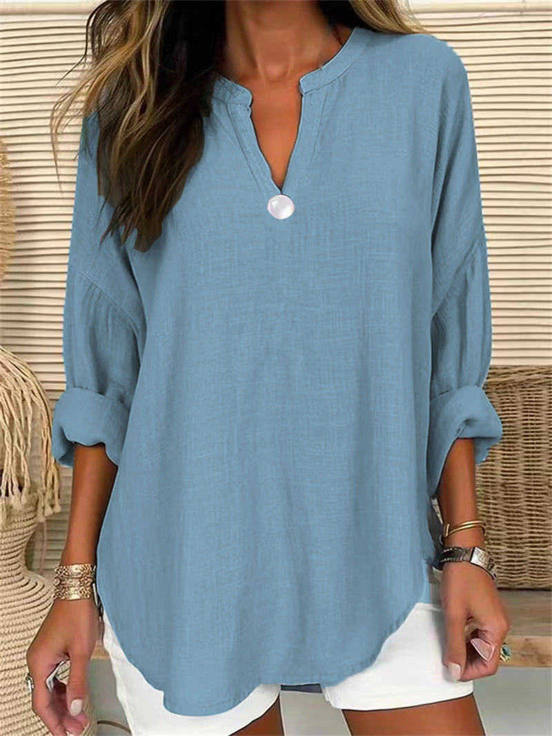 Blusa holgada informal de color liso con escote en V y un botón para mujer