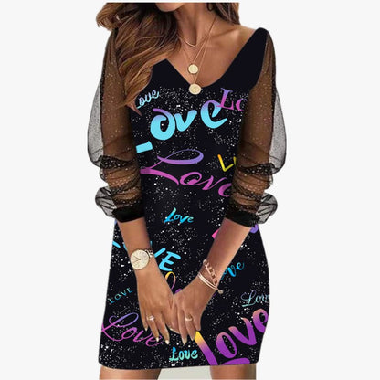 Casual Plus Size Women Sequined See-Through Mesh Long Sleeve Casual Dress